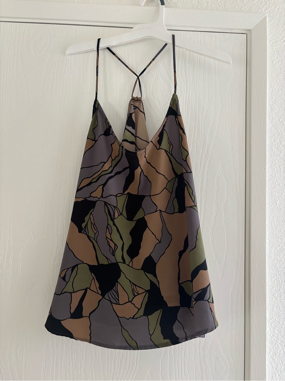 Manuhealii Olive Green Black Taupe Abstract Print Spaghetti Strap Cami